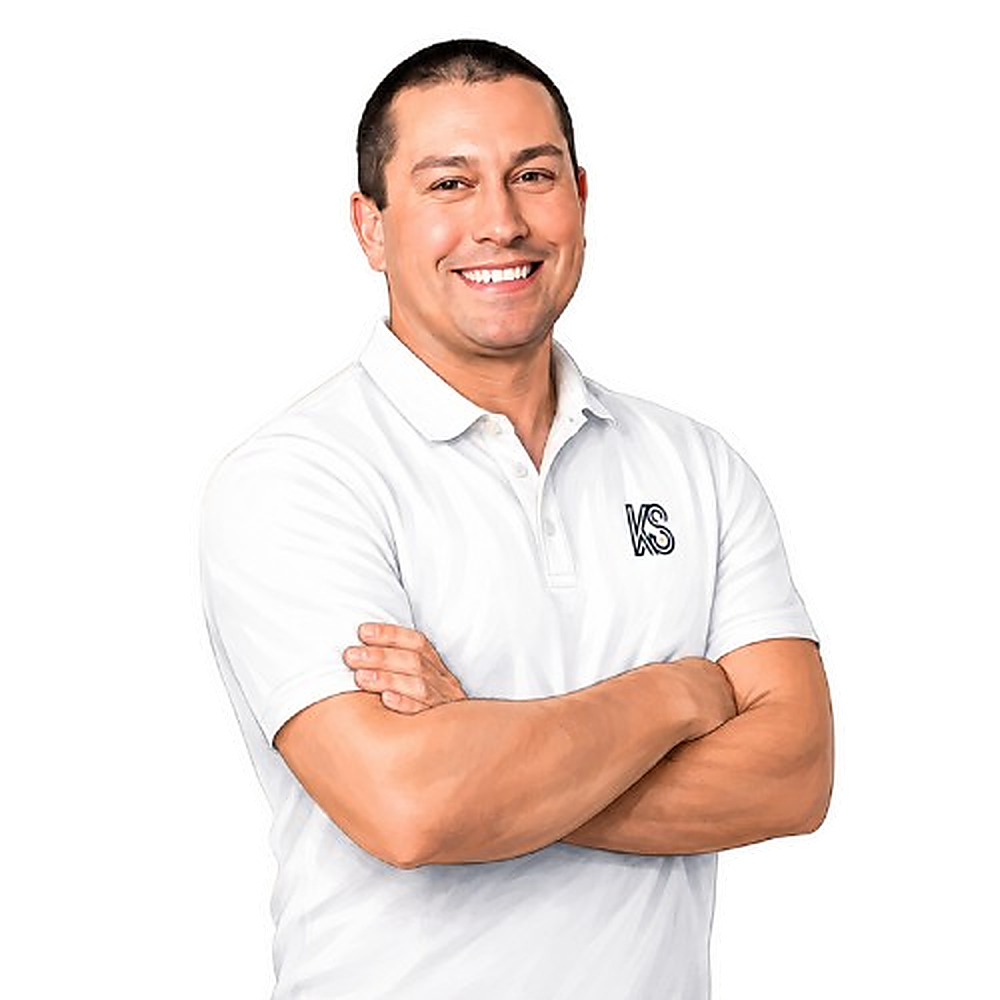 Illustrated portrait of Kevin Hein wearing a white KS polo